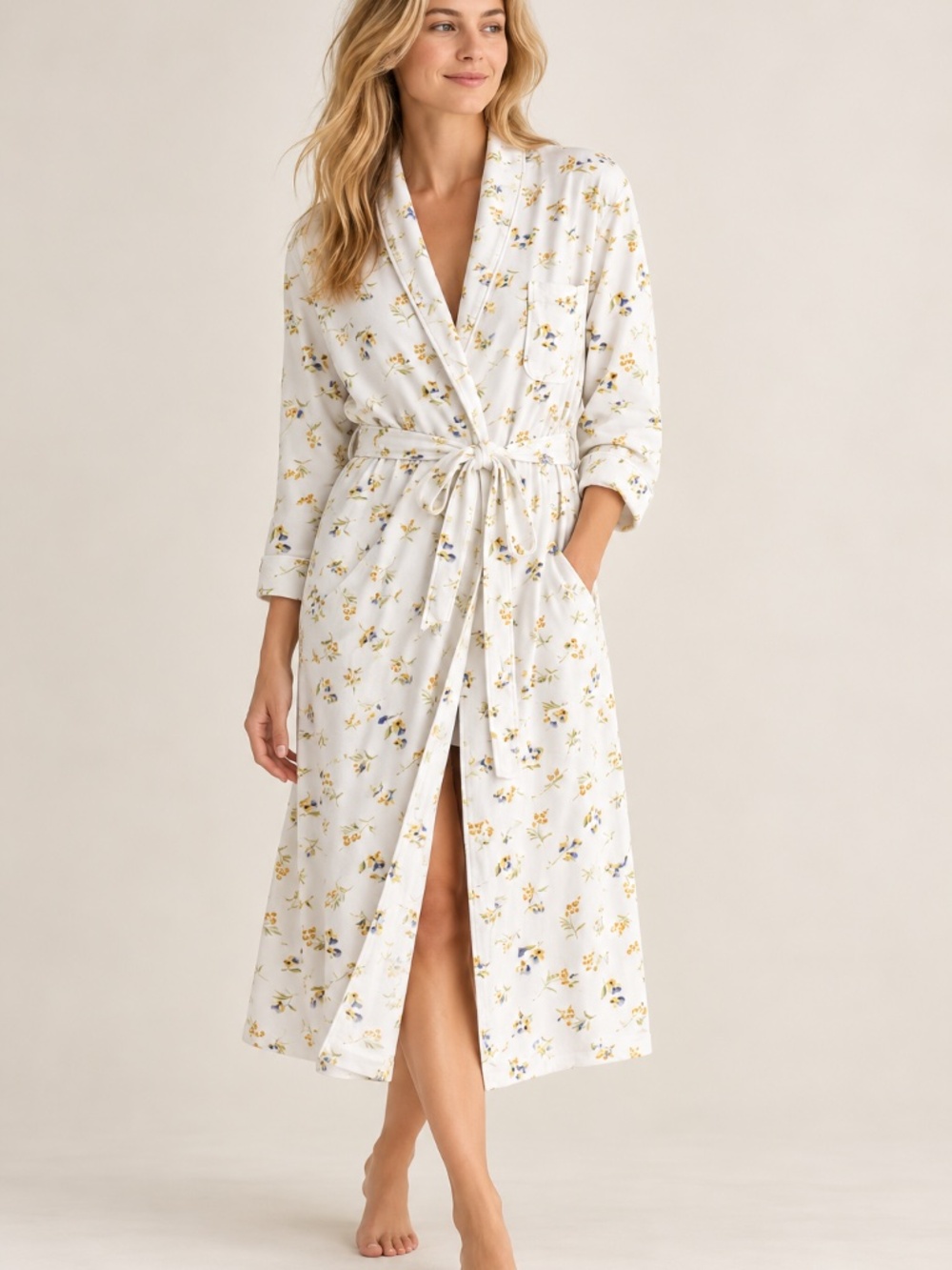 Crabtree & Evelyn Women's Floral 100% Cotton Long Robe Wrap Belted Size L